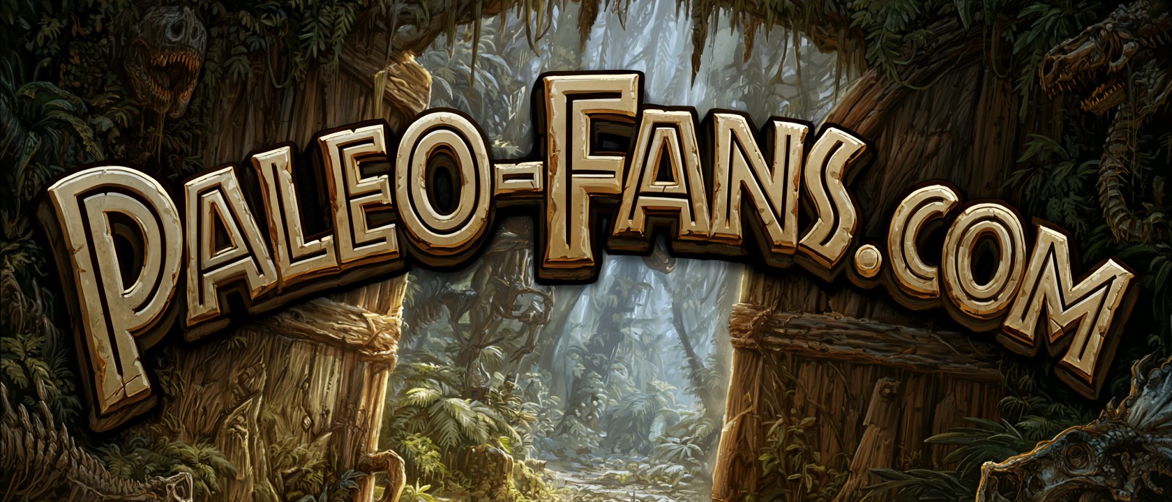 Paleo-Fans.com - dinosaurs peering through a misty prehistoric jungle